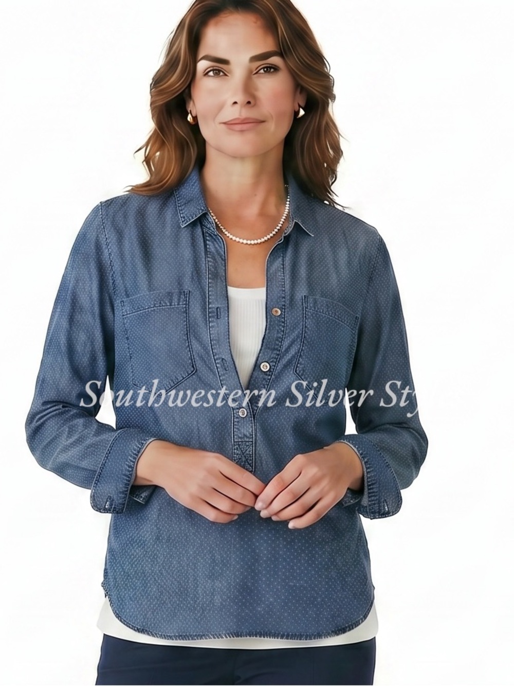 Anthropologie Cloth & Stone Soft Lightweight Tencel Blue & White Polka Dot Shirt